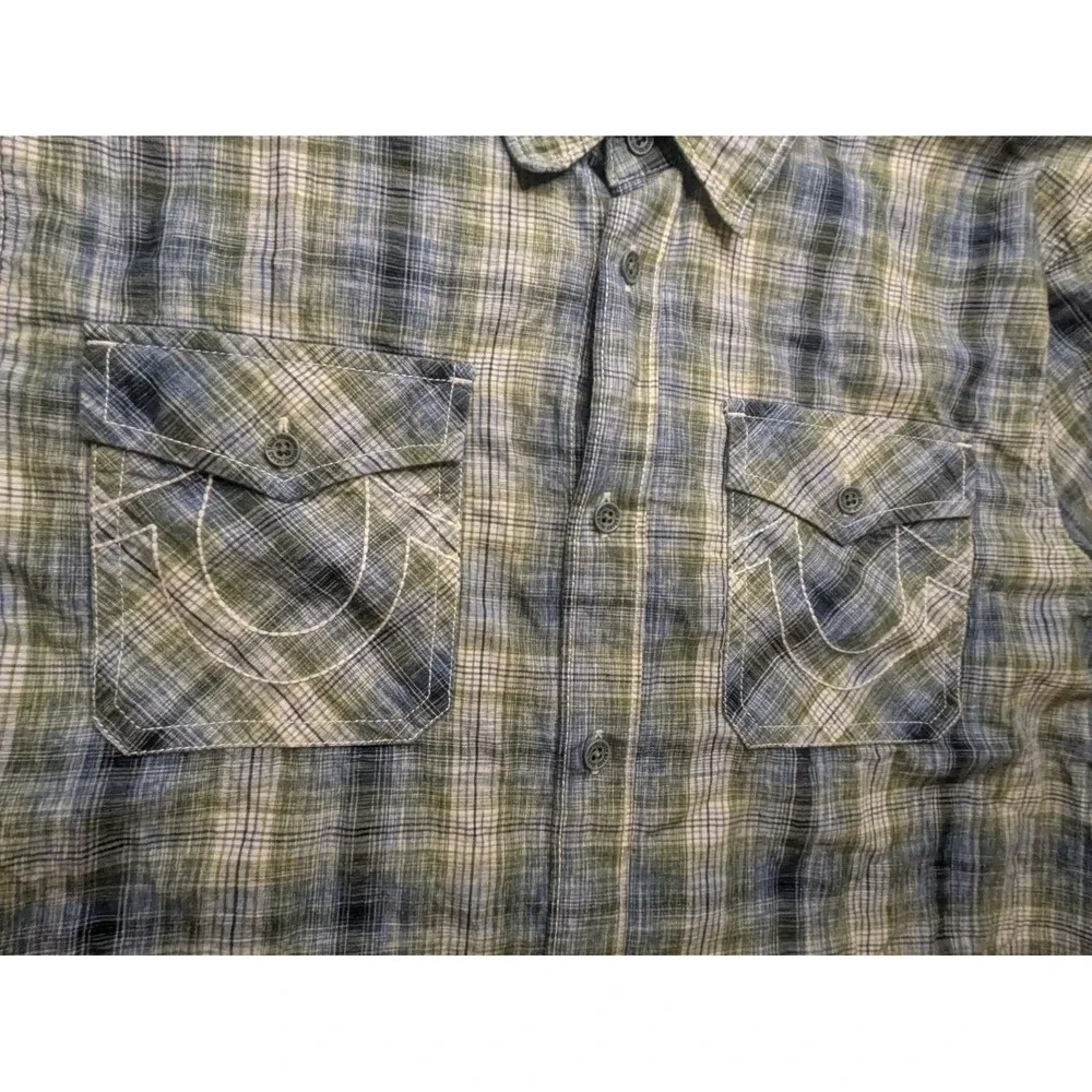 True Religion Button Up Shirt Mens Large Plaid Western Cowboy Collared L Tee